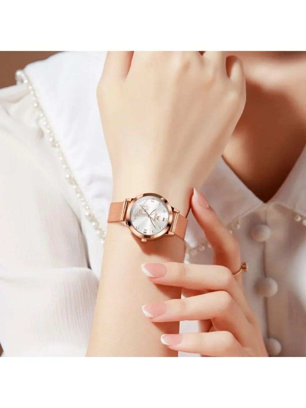 Women's Rose Gold White Mesh Strap Dress Hearts Quartz Bracelet Sets Watch
